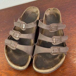 BIRKENSTOCK Womens Sz 9 Florida Sandals Brown Leather Mocha 3 Strap Flawed